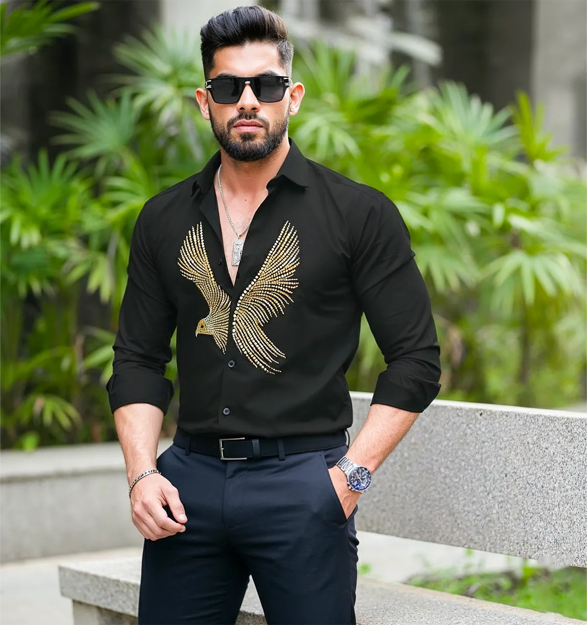 Men’s Black Golden Eagle Embellished Shirt