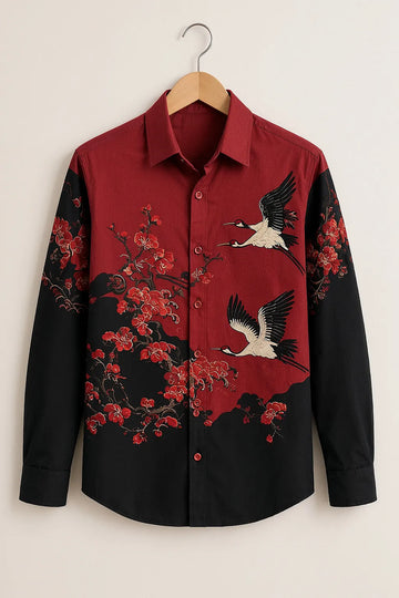 Crimson Crane Blossom Print Shirt