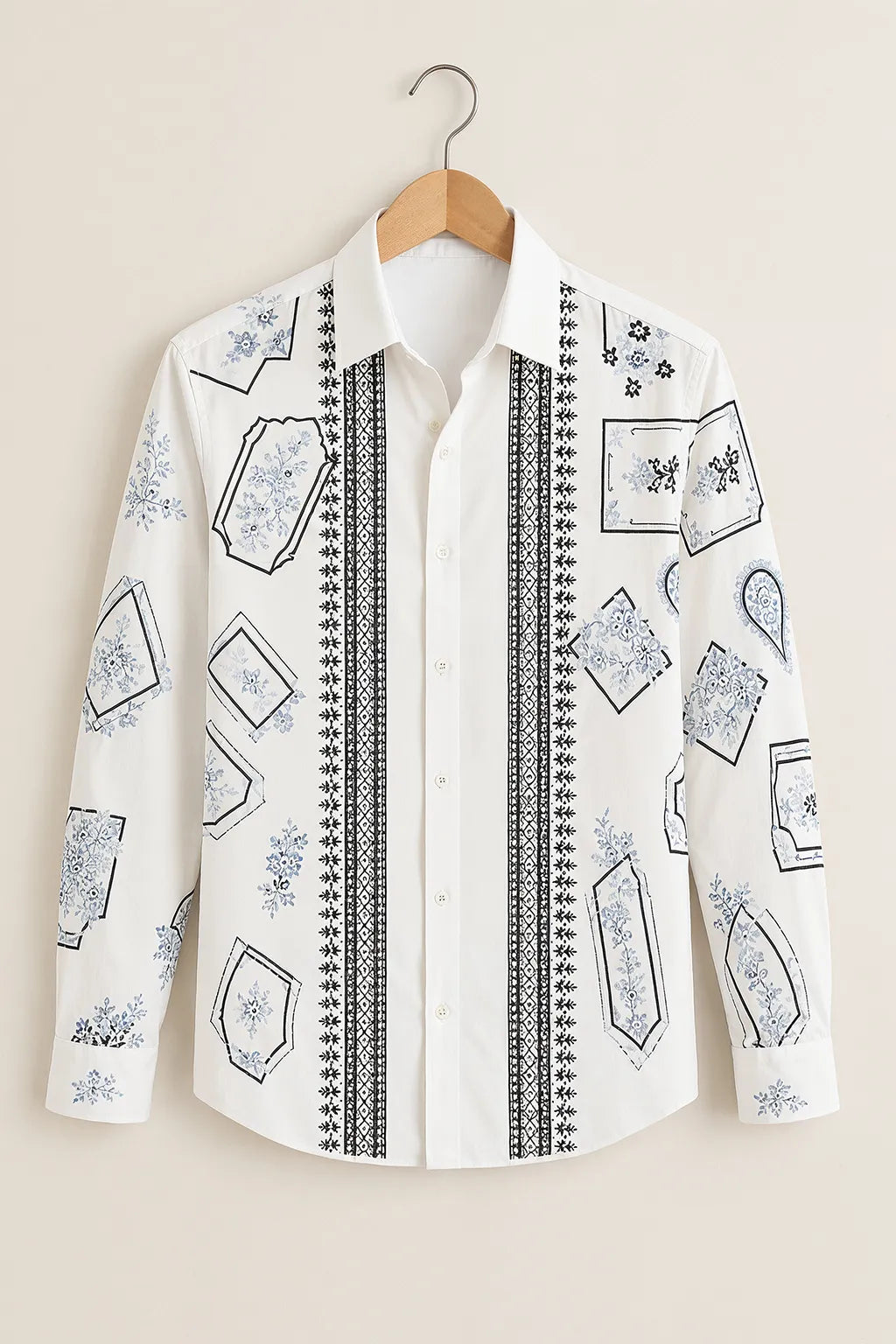 White Vintage Floral Frame Print Shirt