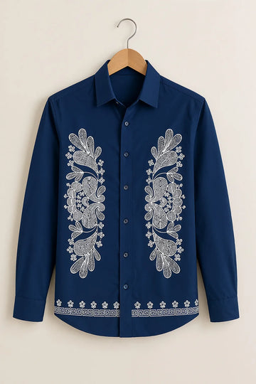 Navy Blue Floral Border Print Shirt