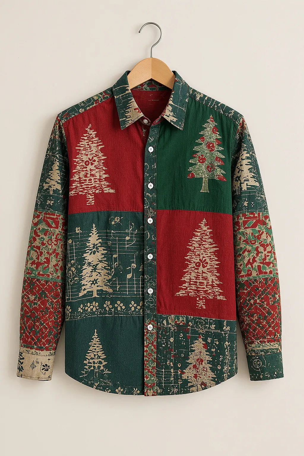 Vintage Christmas Patchwork Print Shirt
