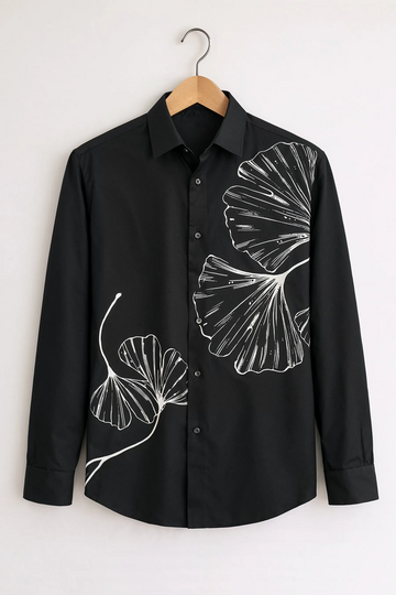 Monochrome Leaf Print Shirt – Black