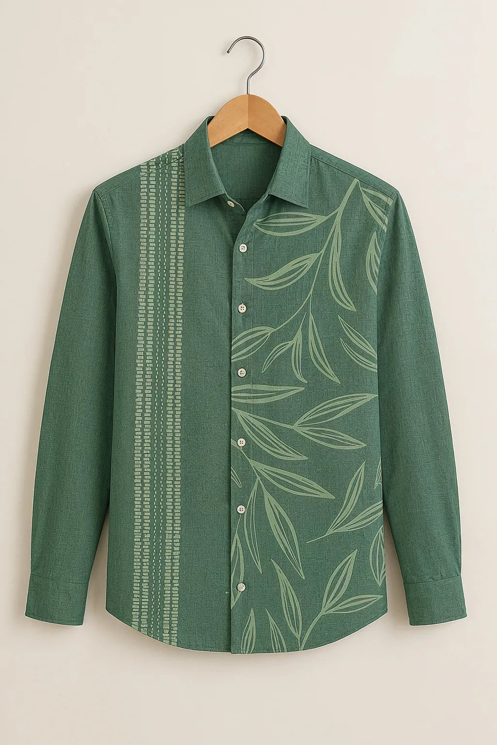 Sage Green Leaf Print Casual Shirt