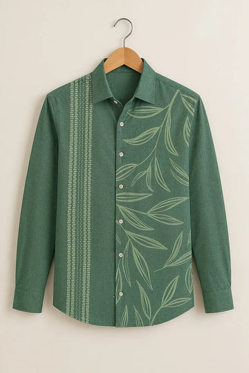 Sage Green Leaf Print Casual Shirt