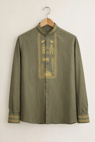 Tribal Embroidery Shirt – Olive Green