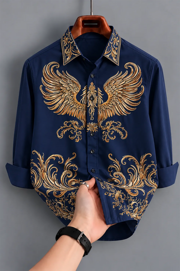 rendy Navy Blue & Gold Printed Shirt