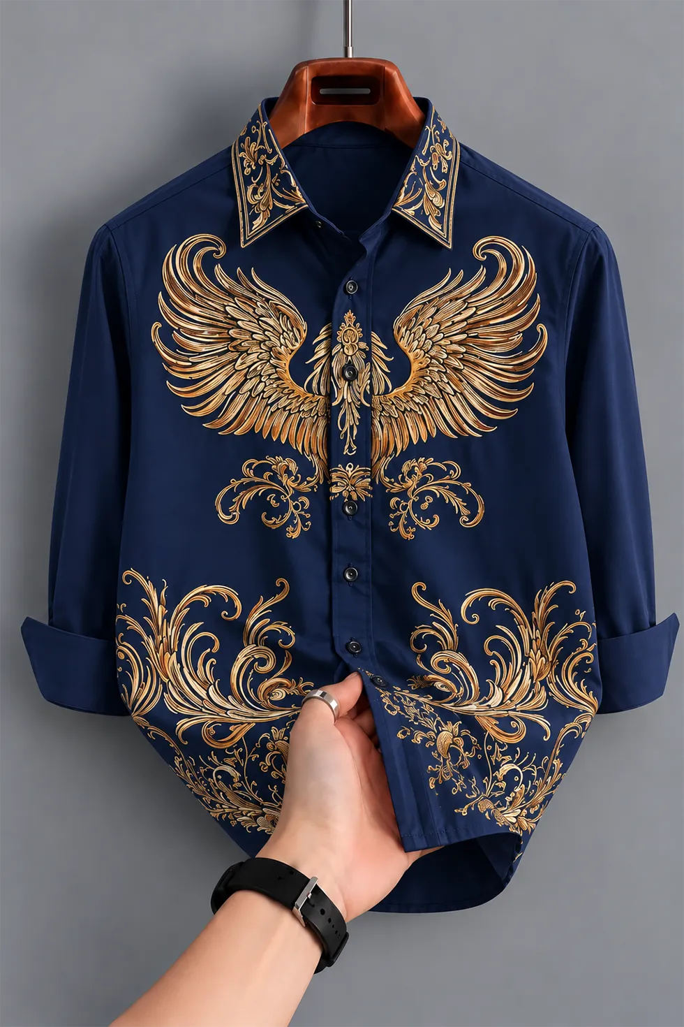 rendy Navy Blue & Gold Printed Shirt