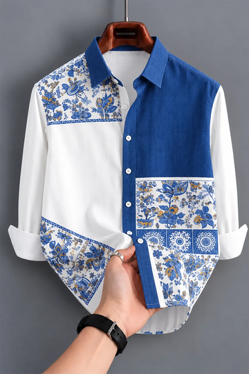 Men's Premium Blue Floral Geometric Shirt