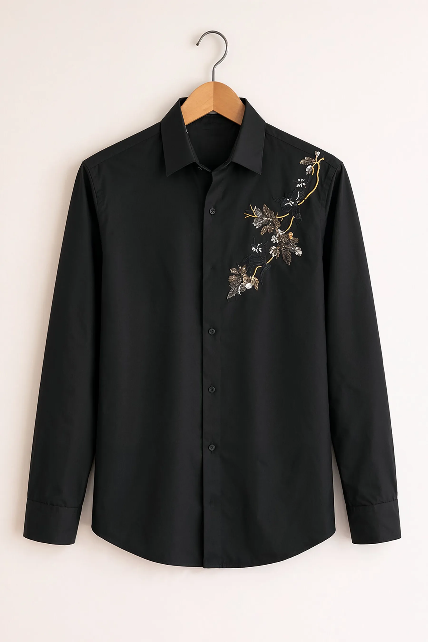 Embroidered Floral Accent Shirt Black TokyoMen Embroidered Floral Accent Shirt Black TokyoMen