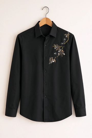 Embroidered Floral Accent Shirt – Black