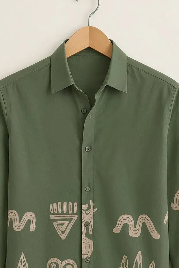 Men's Olive Green Ethnic Graphic Shirt