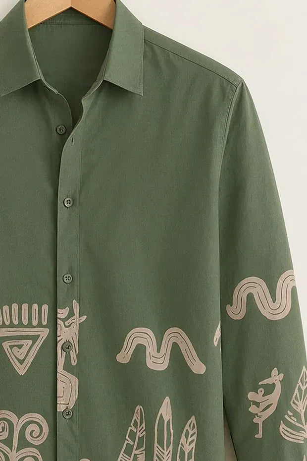 Men's Olive Green Ethnic Graphic Shirt