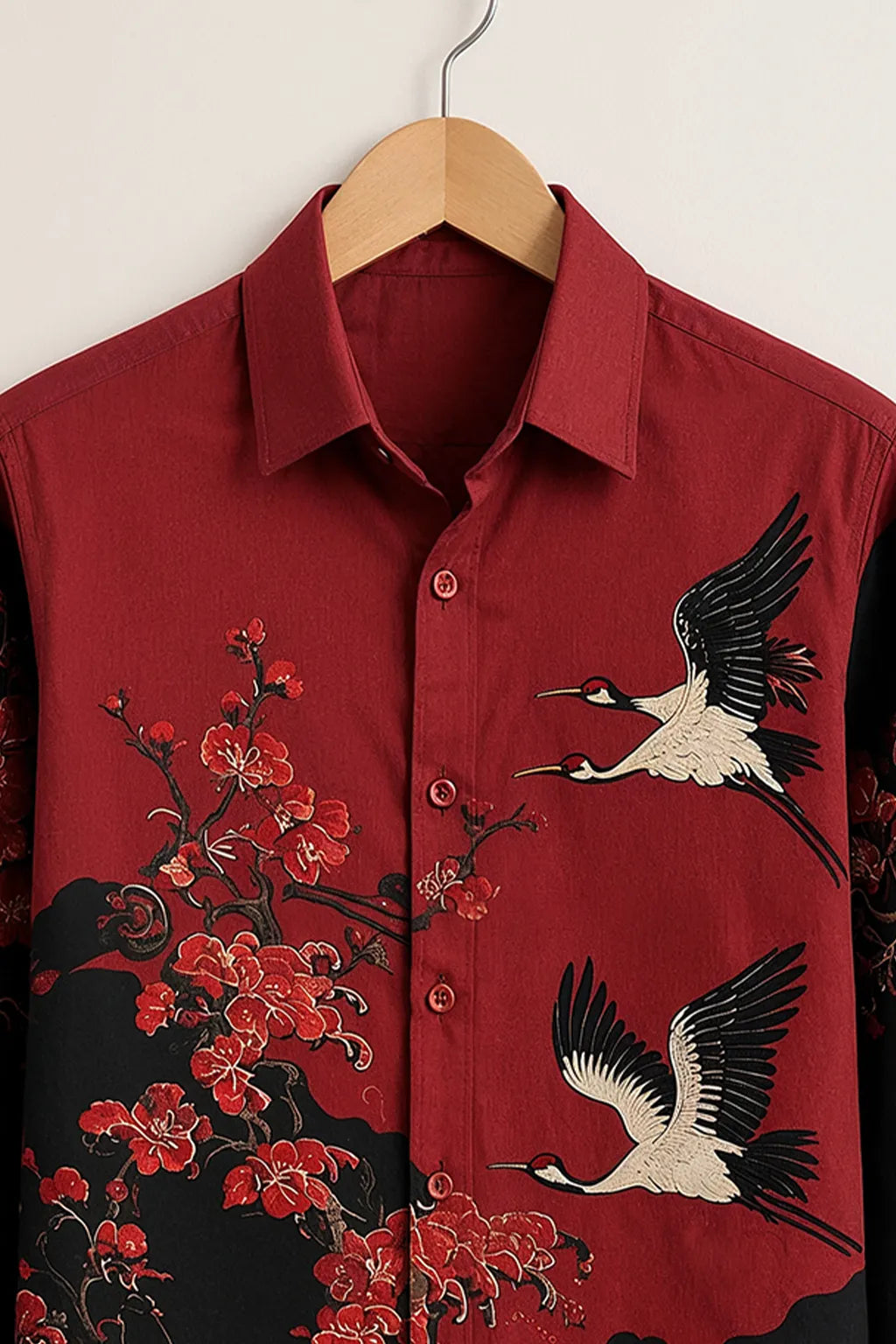 Crimson Crane Blossom Print Shirt