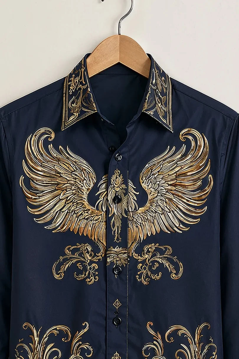 rendy Navy Blue & Gold Printed Shirt