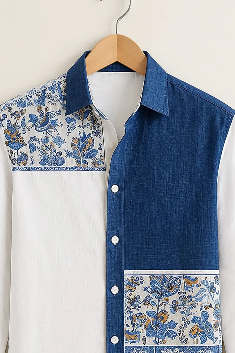 Men's Premium Blue Floral Geometric Shirt