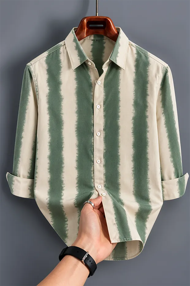 Men's Green & Cream Tie-Dye Striped Shirt