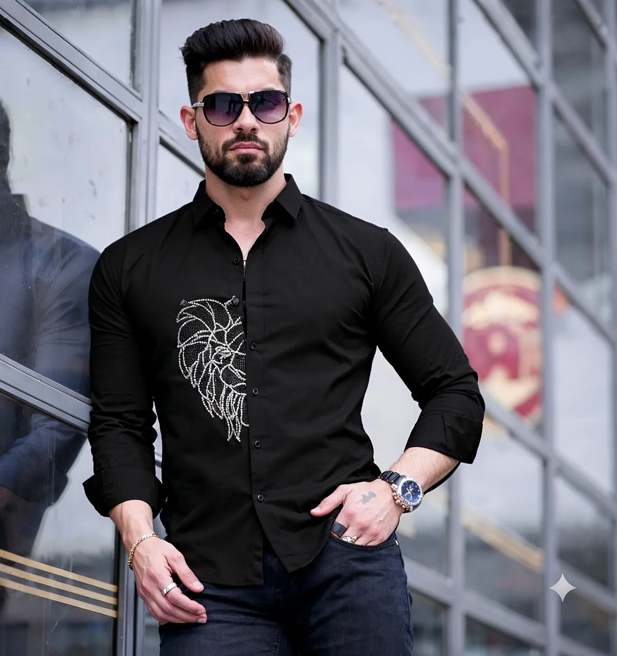 Men’s Black Half-Lion Crystal Shirt