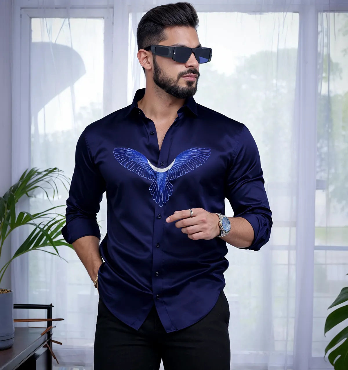 Men’s Navy Blue Eagle Wing Embellished Shirt