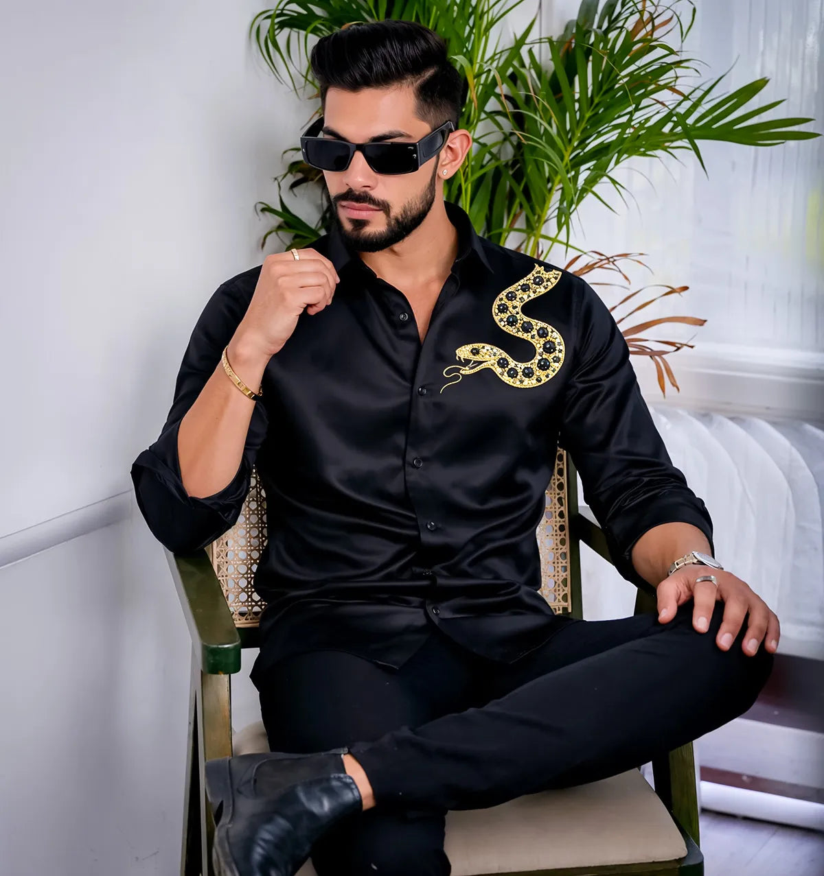 Men’s Black Golden Snake Crystal Shirt