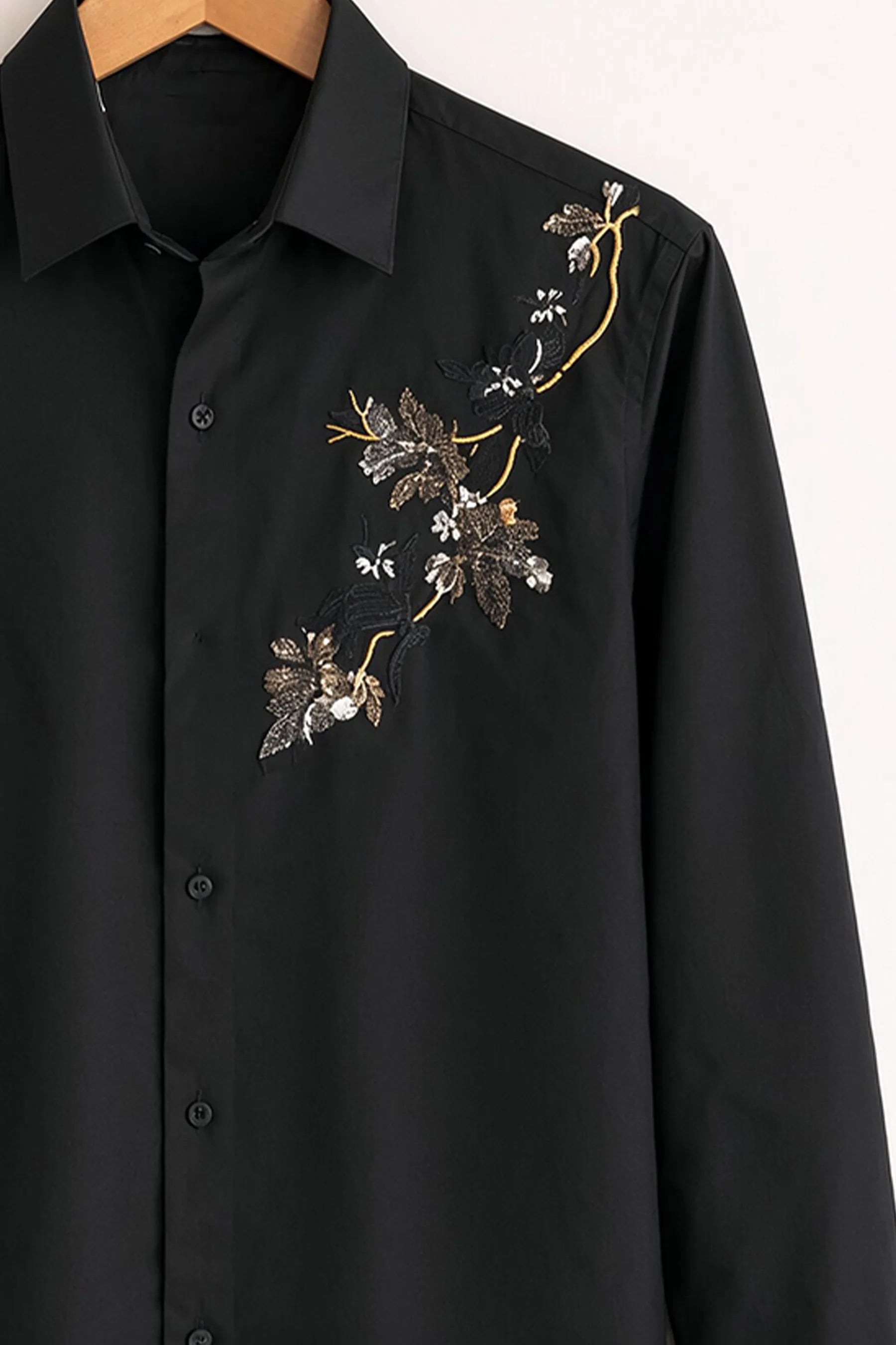 Embroidered Floral Accent Shirt – Black