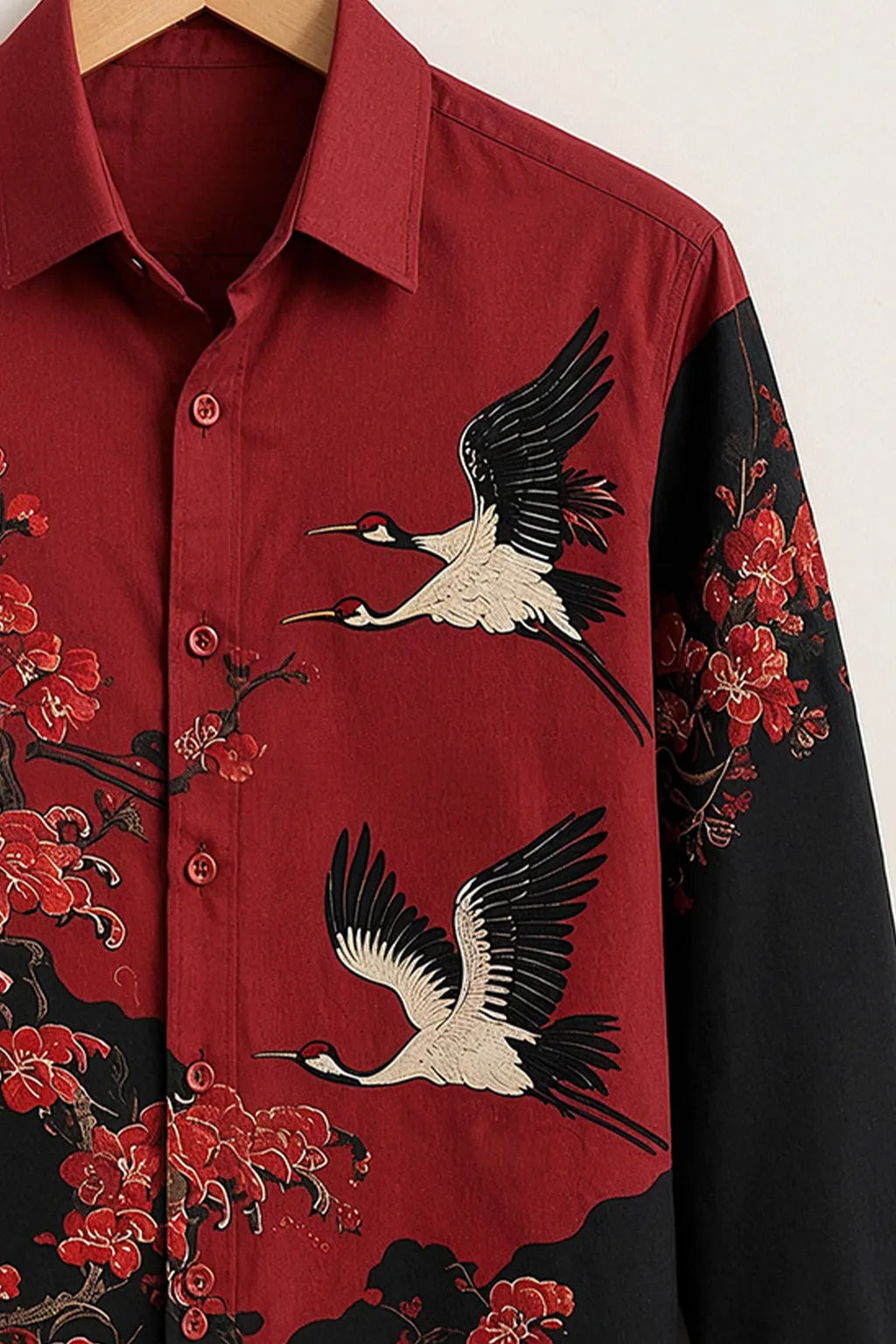 Crimson Crane Blossom Print Shirt